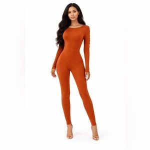 Rebdolls Rust Terracotta Long Sleeve Cut-Out Skinny Bodycon Fit Jumpsuit Size L